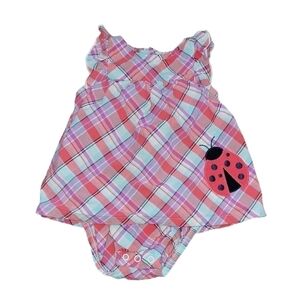 Carter’s size 9 months ladybug plaid pink and blue ruffle sleeve romper